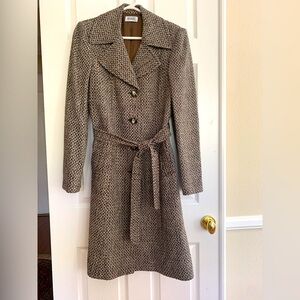 ARABEL Italian Coat Brown/White/Beige Wool Blend, Buttons 2 Side Pockets Belt 46